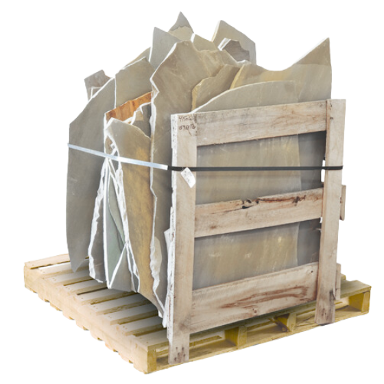 Light tan natural flagstone slabs secured in a wooden crate on a pallet