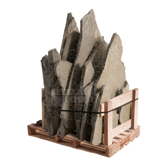 Natural flagstone slabs displayed vertically in a crate on a wooden pallet