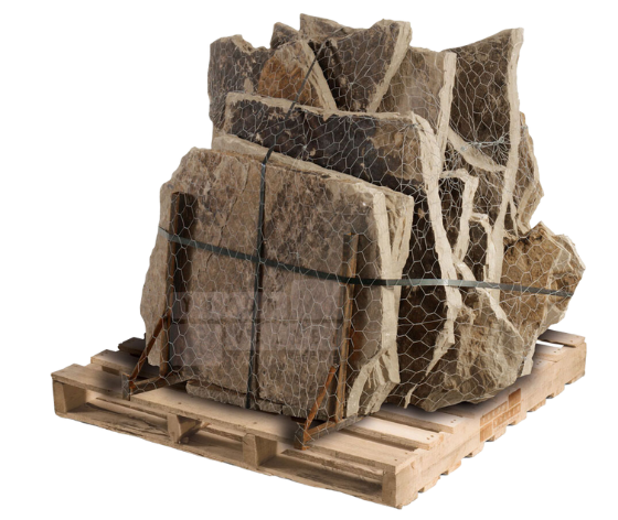Brown natural flagstone slabs wrapped in mesh on a wooden pallet