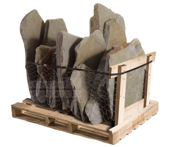 Natural flagstone slabs displayed vertically in a crate on a wooden pallet