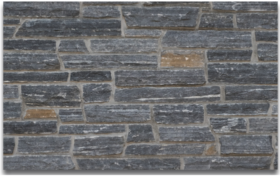 Charcoal gray natural stone veneer wall cladding with stacked rectangular stones
