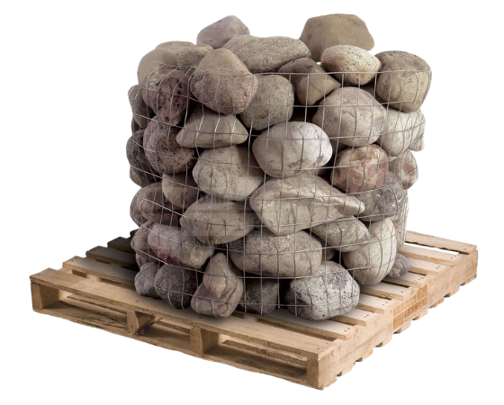 Natural fieldstone boulders in a wire basket on a wooden pallet