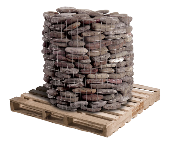 Natural river rock stones in a wire basket on a wooden pallet