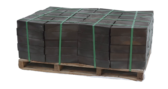 Black sandstone natural stone fire pit caps stacked on a wooden pallet