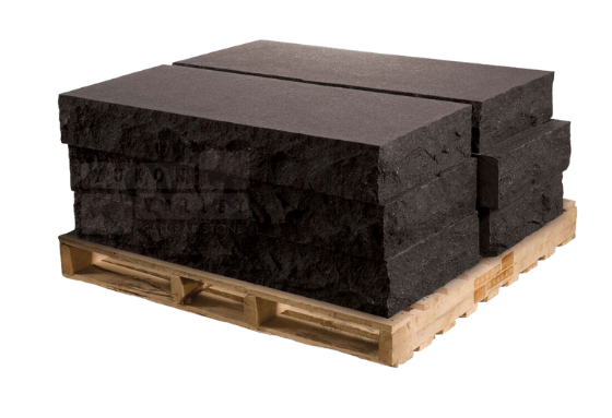 Black sandstone natural stone steps stacked on a wooden pallet for outdoor landscaping