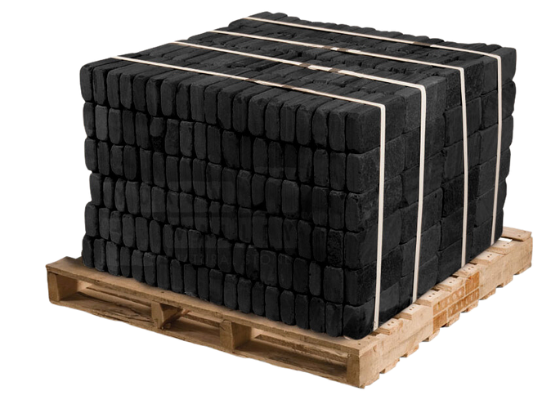 Black sandstone tumbled natural stone pavers bundled on a wooden pallet for patios and walkways