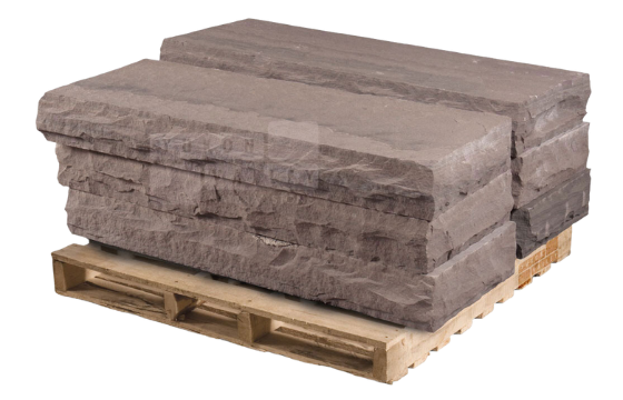 Brownstone natural stone steps stacked on a wooden pallet for outdoor landscaping