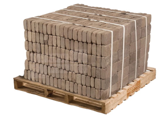 Brownstone tumbled natural stone pavers bundled on a wooden pallet for patios and walkways