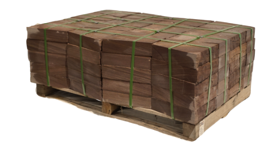 Chateau natural stone fire pit caps stacked on a wooden pallet