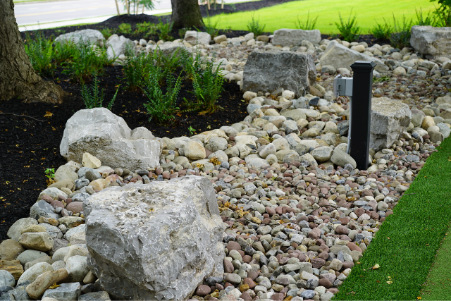 Multi-tone river rock dry creek bed with limestone accent boulders in a residential landscape
