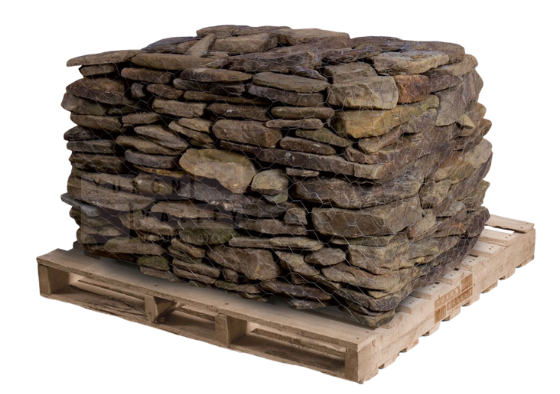 Creekstone natural stone wallstone stacked on a wooden pallet