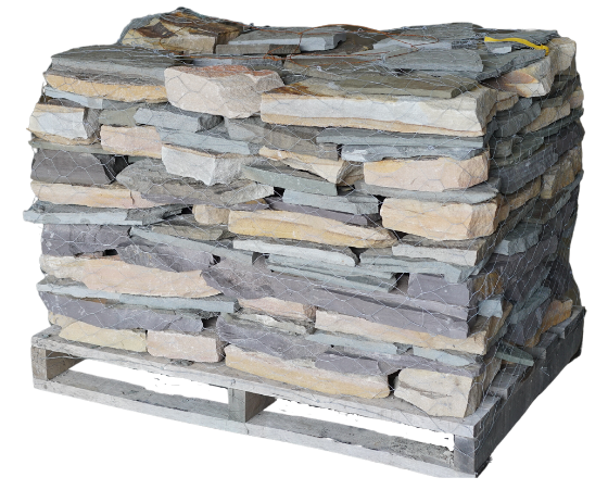 Delaware Valley blend natural stone wallstone stacked on a wooden pallet