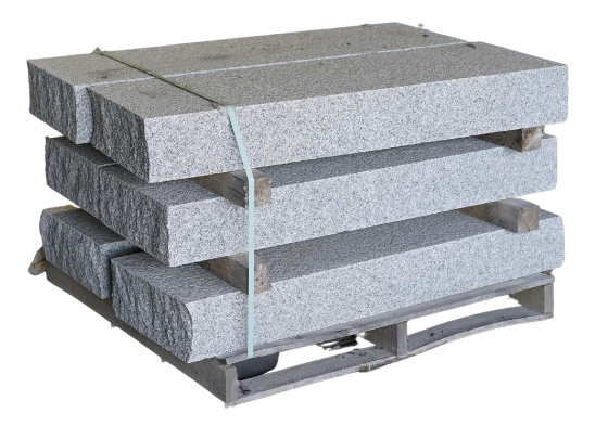 Grey granite natural stone steps stacked on a wooden pallet for outdoor landscaping