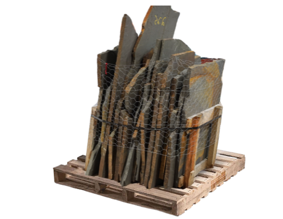 Mocha brown natural stone flagstone stand-up display on a wooden pallet
