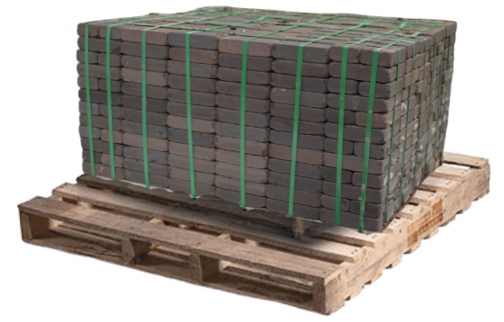 New black sandstone tumbled natural stone pavers bundled on a wooden pallet for patios and walkways