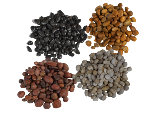 Polished river rock natural stones in black, tan, red, and grey color variations