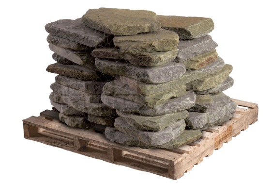 Rustic tumbled natural stone garden path pavers on a wooden pallet