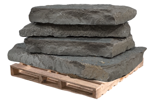 Seneca grey natural stone steps stacked on a wooden pallet for outdoor landscaping