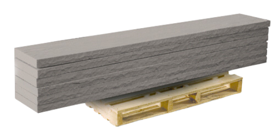 Slate grey natural stone treads stacked on a wooden pallet for outdoor staircases