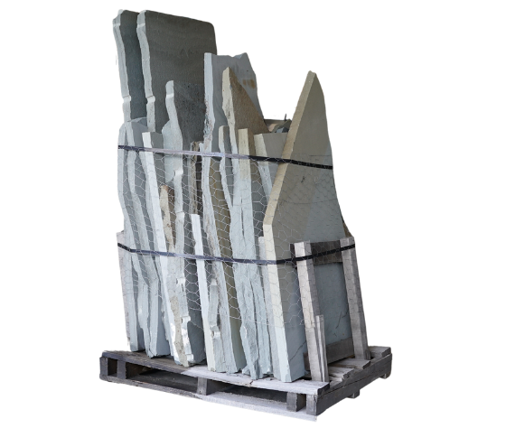 Thermaled natural stone flagstone stand-up display on a wooden pallet