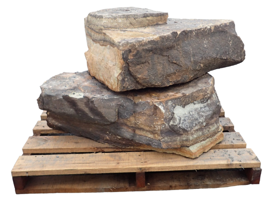 West Mountain natural stone boulders stacked on a wooden pallet